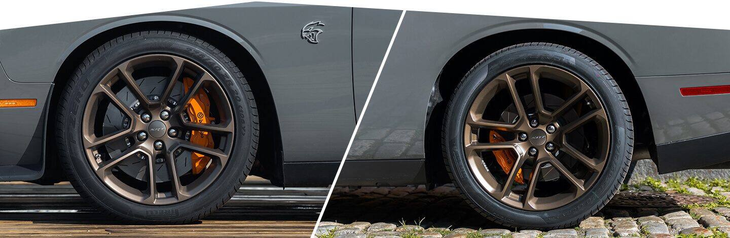 A close-up of the wheel, tire and orange brake caliper on the 2020 Dodge Challenger SRT Hellcat. A close-up of the wheel, tire and orange brake caliper on the 2020 Dodge Challenger.
