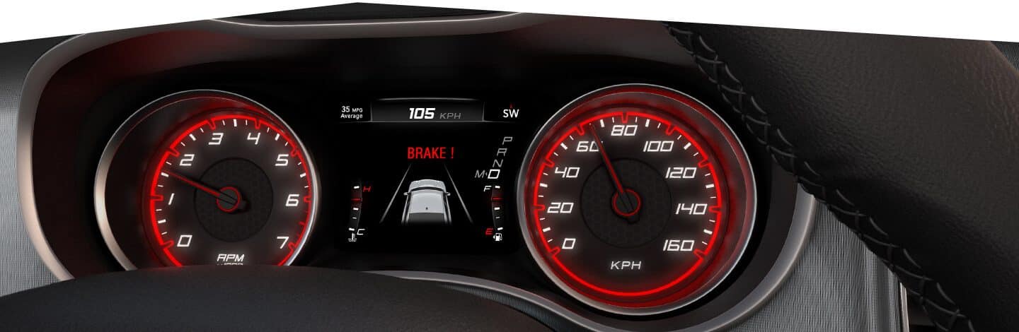 The instrument panel in the 2020 Dodge Charger with a warning to brake in the Driver Information Digital Cluster Display.