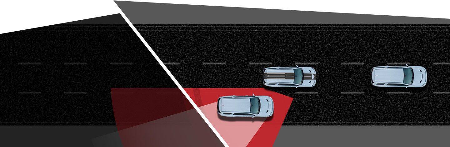 An overhead view of a 2021 Dodge Durango illustrated, to show the blind spot area being monitored—detecting a vehicle approaching in the lane beside it.