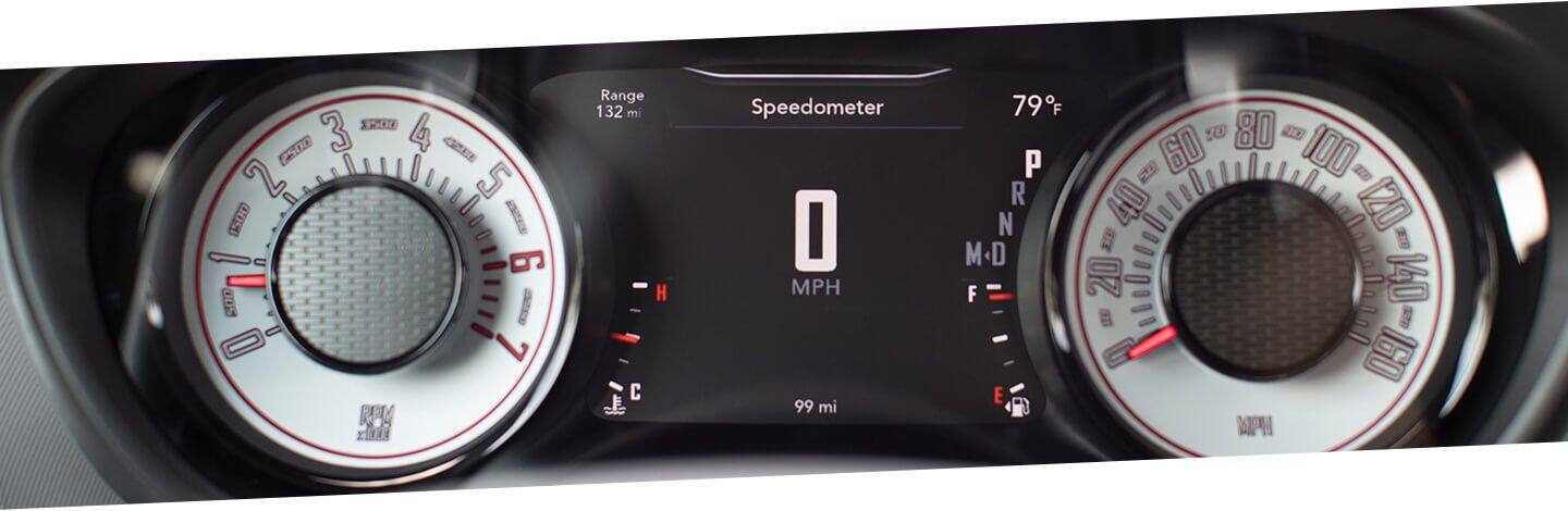 A close-up of the Driver Information Digital Cluster Display on the 2020 Dodge Challenger.
