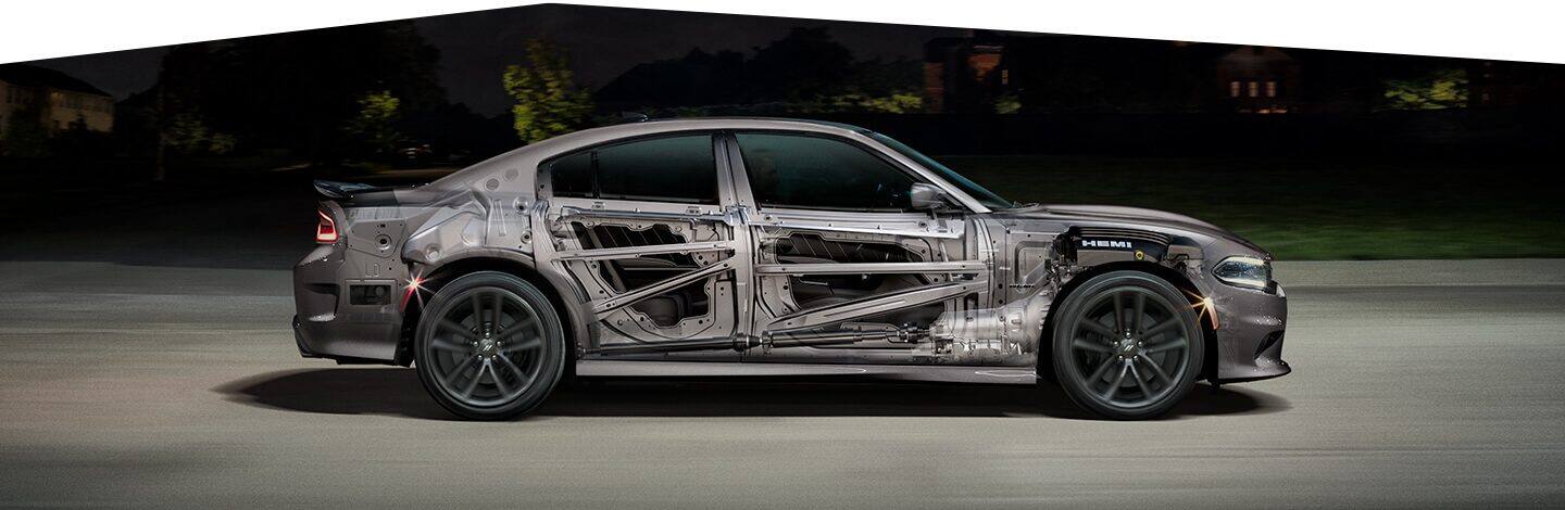 A profile view under-the-skin rendering of the safety frame in the 2020 Dodge Charger.
