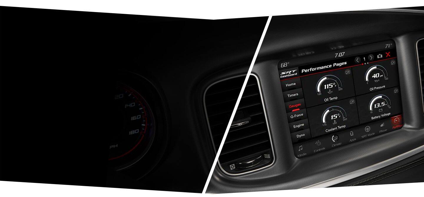 The touchscreen in the 2022 Dodge Charger displaying oil temperature, oil pressure, coolant temperature and battery voltage.