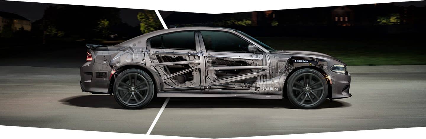 A cutaway diagram of the 2022 Dodge Charger showing the safety elements under the surface.