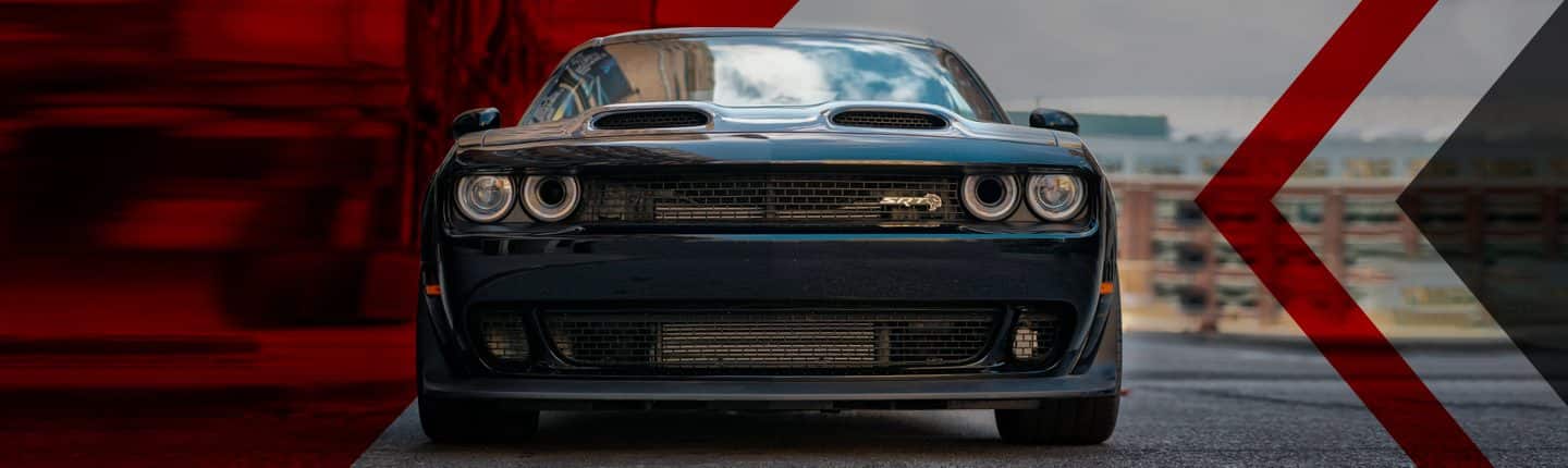 A head-on view of a blue 2023 Dodge Challenger SRT Hellcat Redeye Widebody.