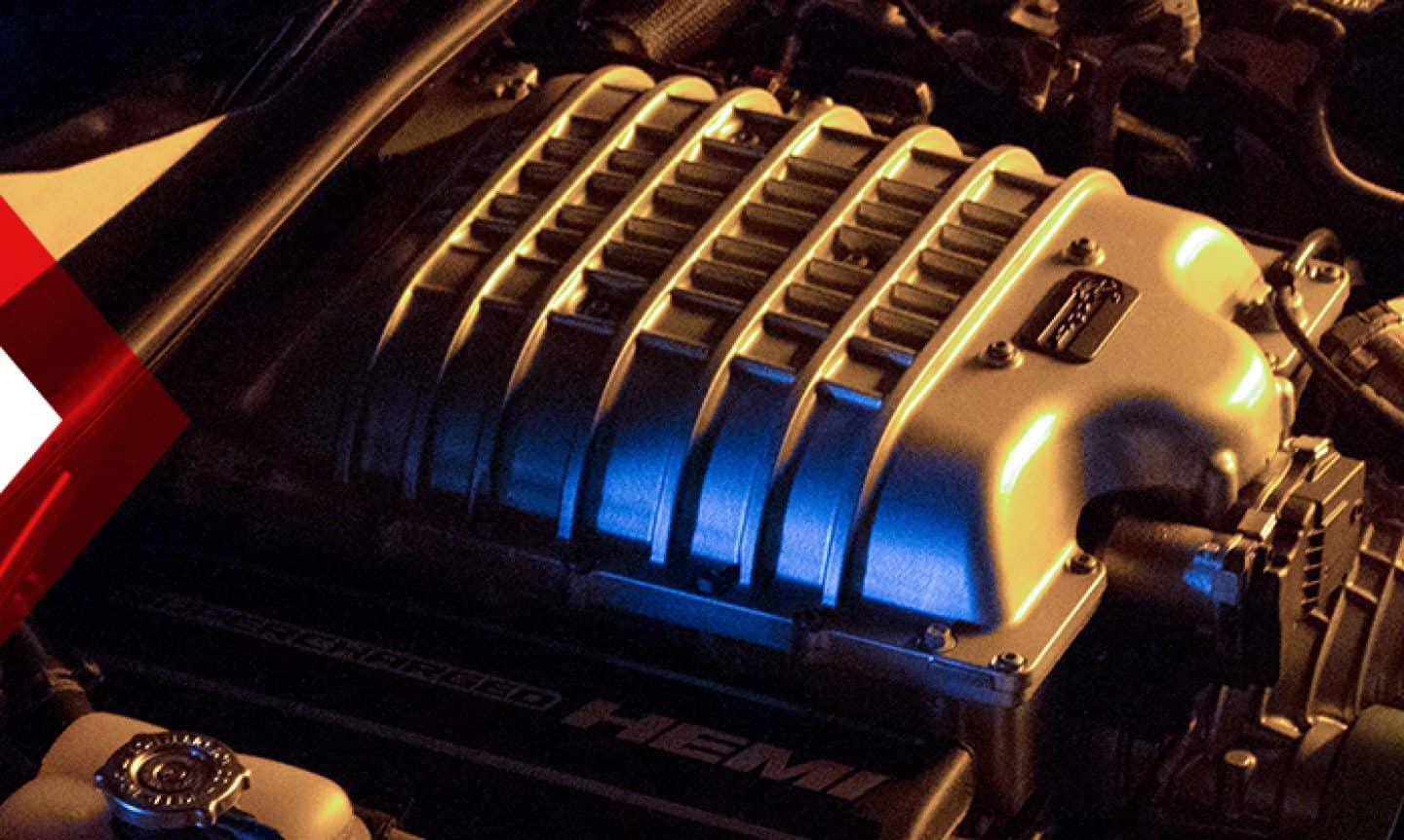 The Supercharged 6.2-liter High-Output Hemi V8 engine on the 2023 Dodge Challenger SRT Super Stock.