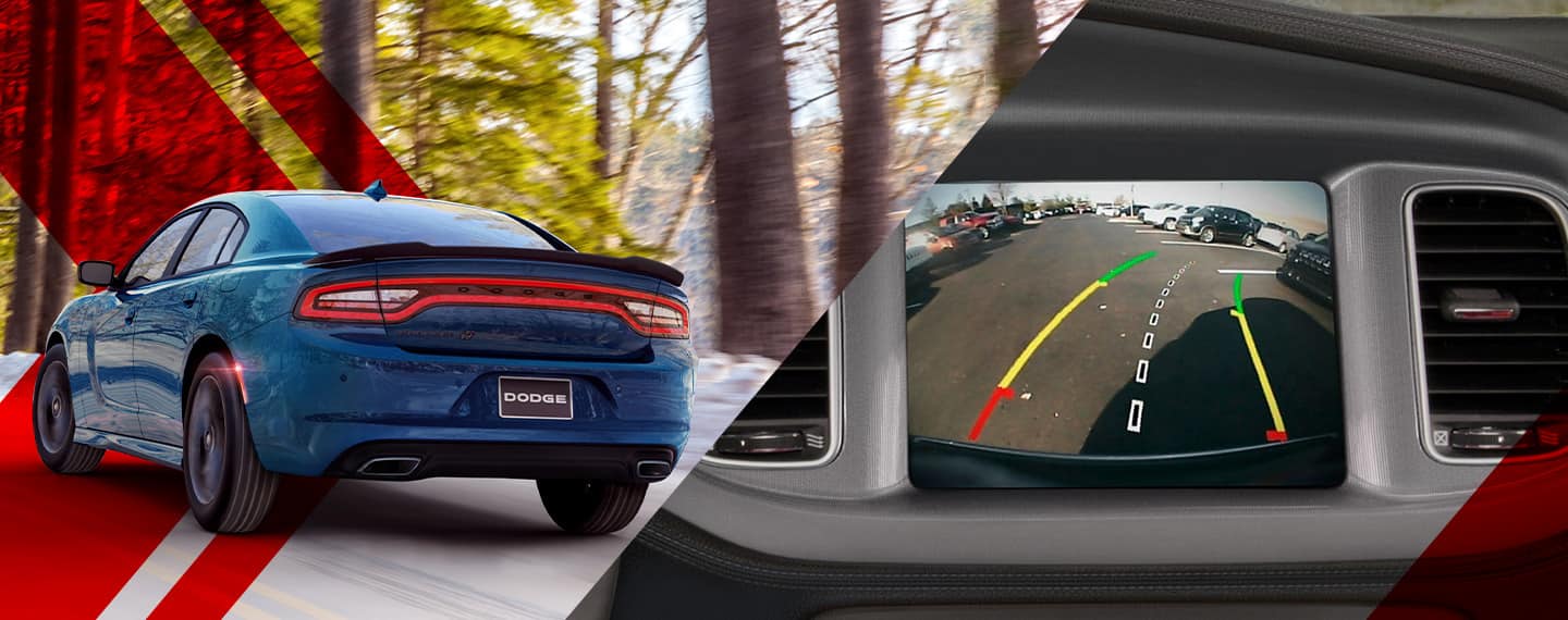 A split screen with the rear angle of a blue 2023 Dodge Charger R/T and a close-up of the Uconnect touchscreen displaying the area behind the vehicle, with gridlines.