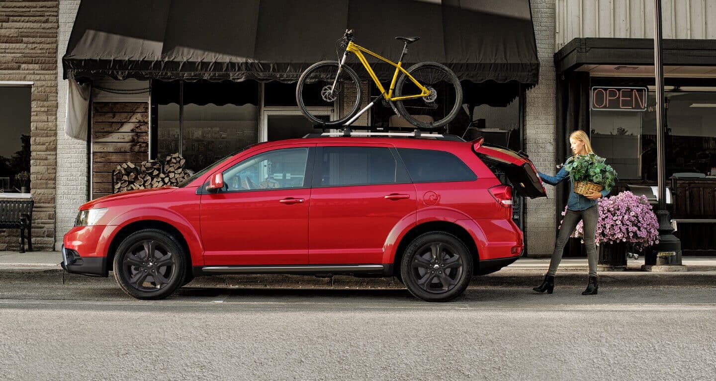 Display A woman opening the rear hatch of a 2020 Dodge Journey with a bicycle on its roof rack.