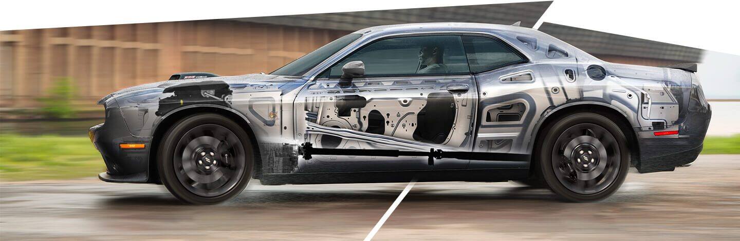 An under-the-skin look at the safety frame in the 2021 Dodge Challenger.