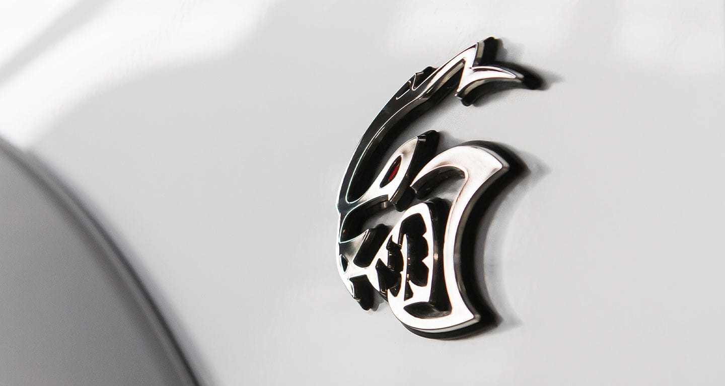 A close-up of the Hellcat badge on the 2021 Dodge Challenger SRT Hellcat Redeye.