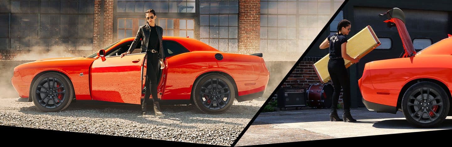 A split screen view of a woman exiting a 2021 Dodge Challenger and loading an electric guitar hard case into the trunk.