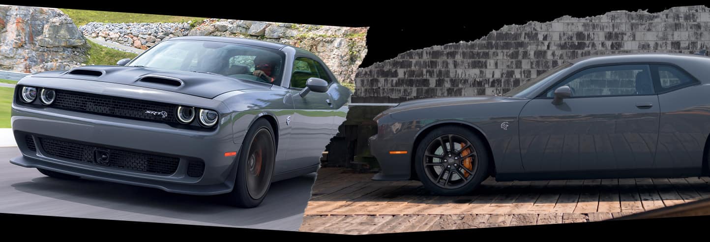 A pair of images depicting the exterior of the 2022 Dodge Challenger SRT Hellcat Redeye from the front and the side.
