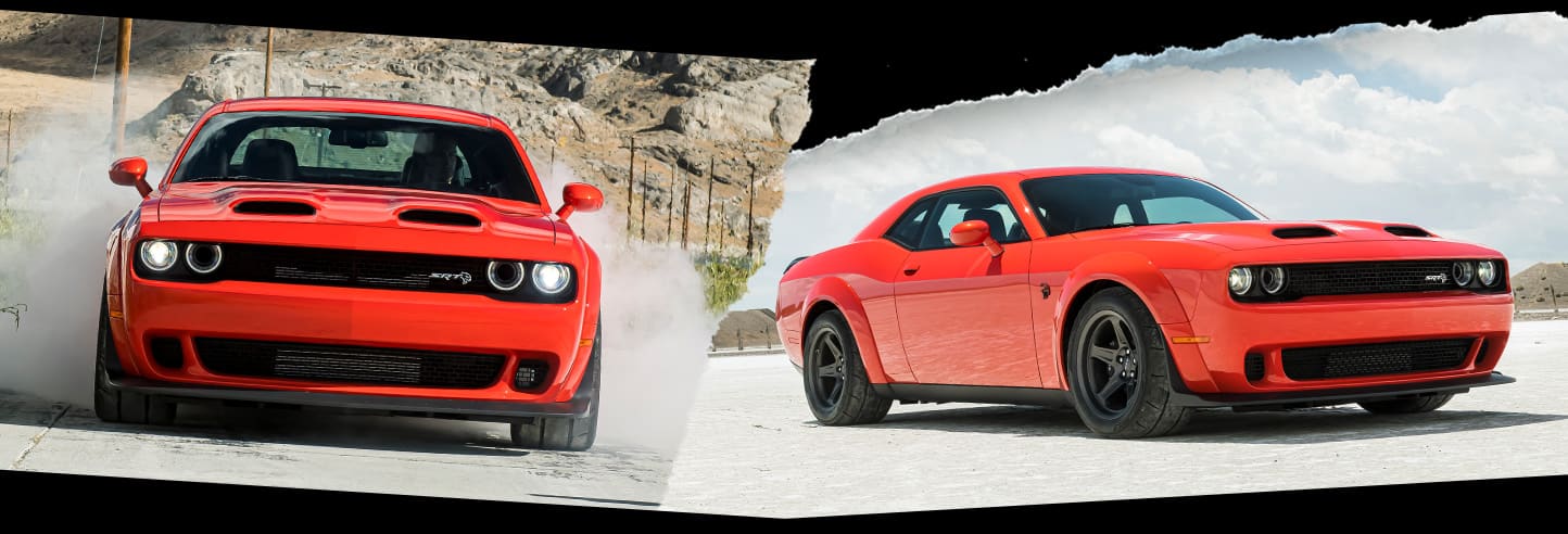 The 2022 Dodge Challenger SRT Super Stock seen from the front (left) and from a three-quarter profile (right).