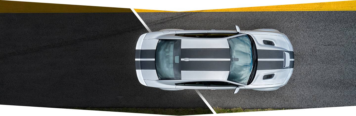 A top down view of the 2022 Dodge Charger SRT Hellcat Widebody showing double racing stripes along the length of the hood, roof and decklid.