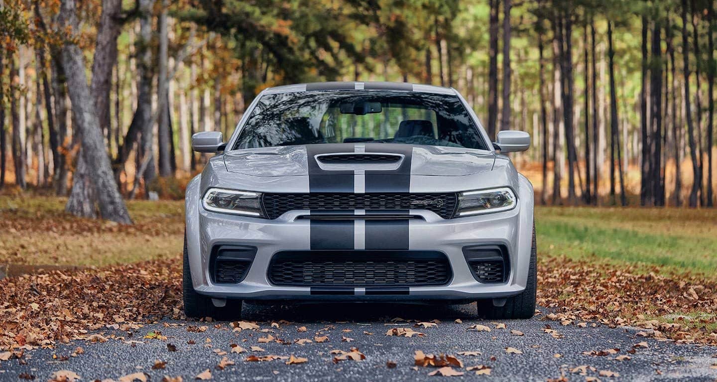 Display A 2022 Dodge Charger SRT Hellcat Widebody parked on a country road in the woods.