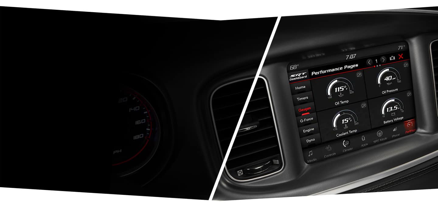 The touchscreen in the 2022 Dodge Charger displaying oil temperature, oil pressure, coolant temperature and battery voltage.