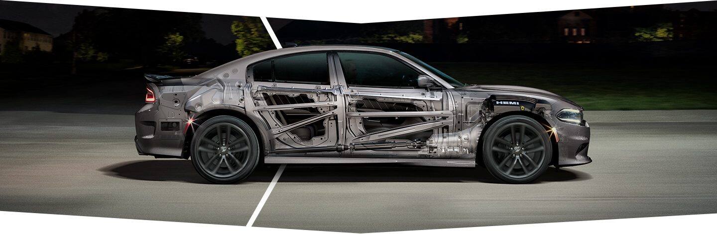 A cutaway diagram of the 2022 Dodge Charger showing the safety elements under the surface.