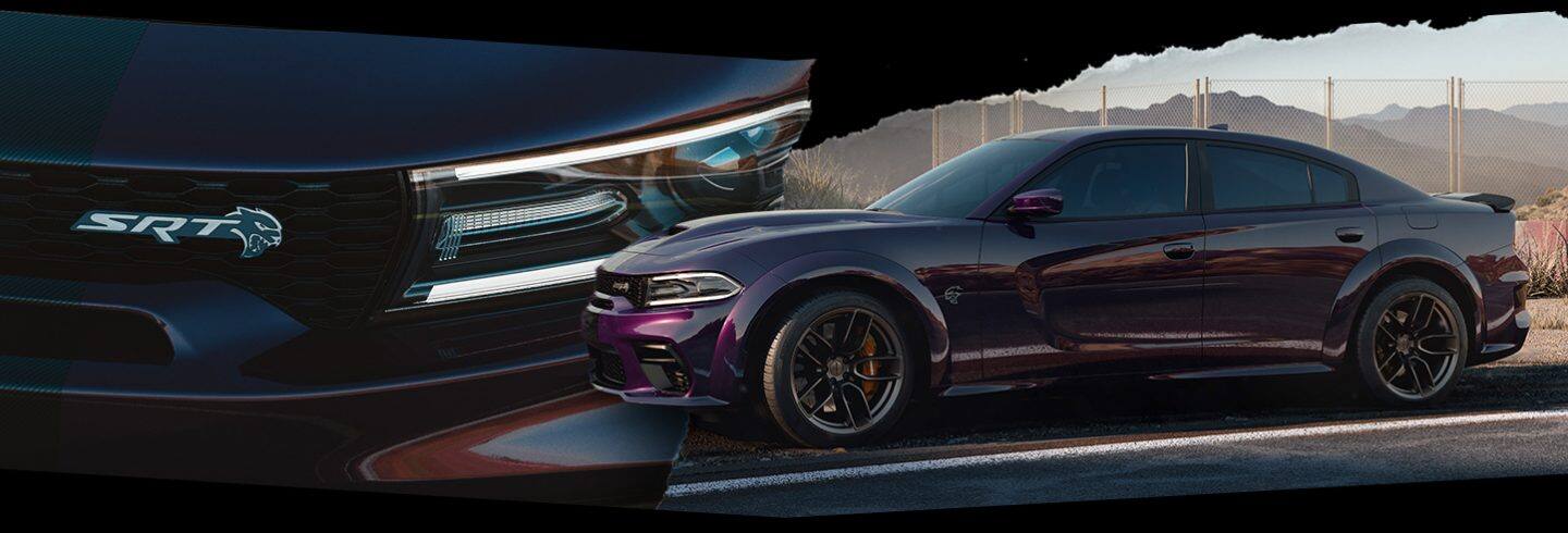 The 2022 Dodge Charger Jailbreak shown from two perspectives, with a close-up of the front grille (left) and a side profile of the vehicle (right).