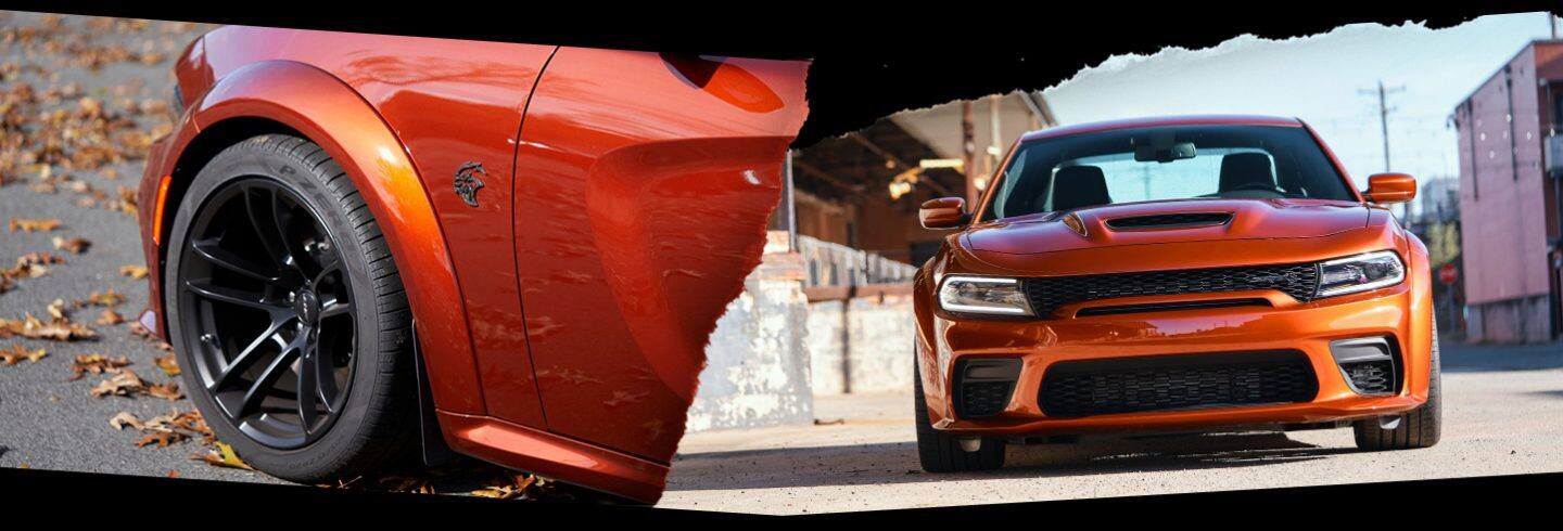 The 2022 Dodge Charger SRT Hellcat Redeye Widebody seen from two perspectives: A close-up of the front wheel (left) and a full-on frontal view (right).