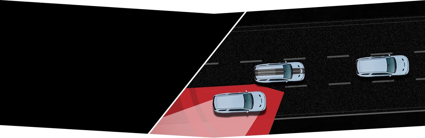 An illustration of a 2022 Dodge Durango with a sensor beam emanating diagonally from its side to alert the driver about a vehicle behind it in the next lane.