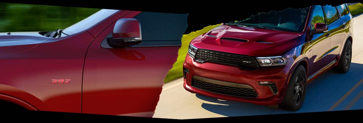 The 392 badge on the driver’s side of the 2022 Dodge Durango SRT 392 shown at left, with a wider view of the vehicle at right.