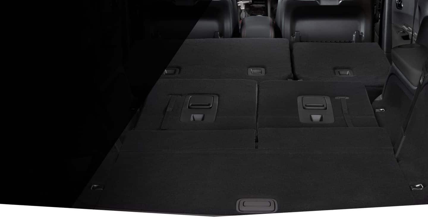 The cargo space of the 2022 Dodge Durango with both the second- and third-row seats folded flat.