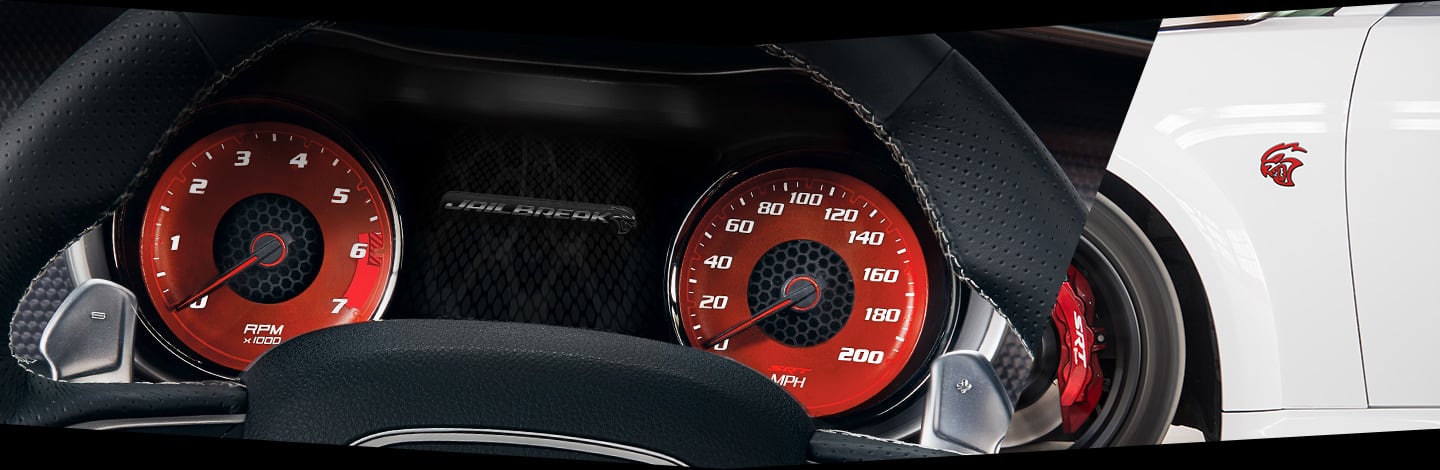 A collage of two images of the 2022 Dodge Charger Jailbreak showing the devilish red gauges inside the vehicle and the red Hellcat badge on the outside of the vehicle.