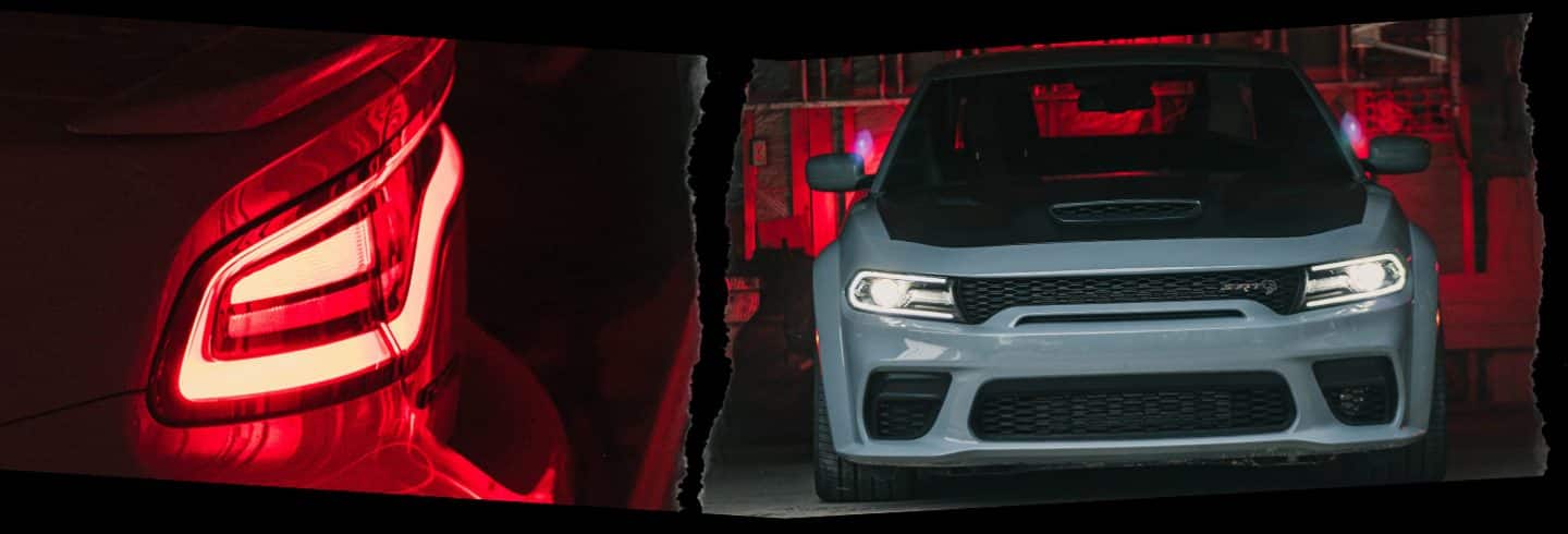 The taillamp of the 2022 Dodge Charger SRT shown lit-up (left), with a second a head-on view of the vehicle headlamps (right).The taillamp of the 2022 Dodge Charger SRT shown lit-up (left), with a second a head-on view of the vehicle headlamps (right).