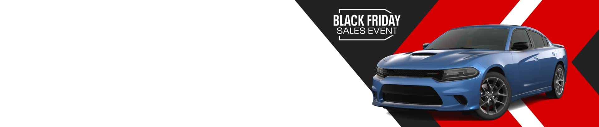 A blue 2023 Dodge Charger R/T. Black Friday Sales Event Logo.