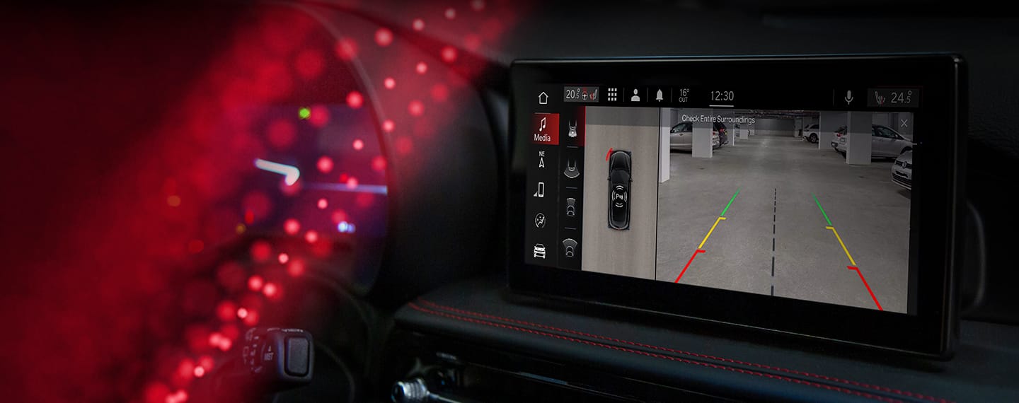 A close-up of the Uconnect touchscreen in the 2023 Dodge Hornet displaying the output of the surround view camera.