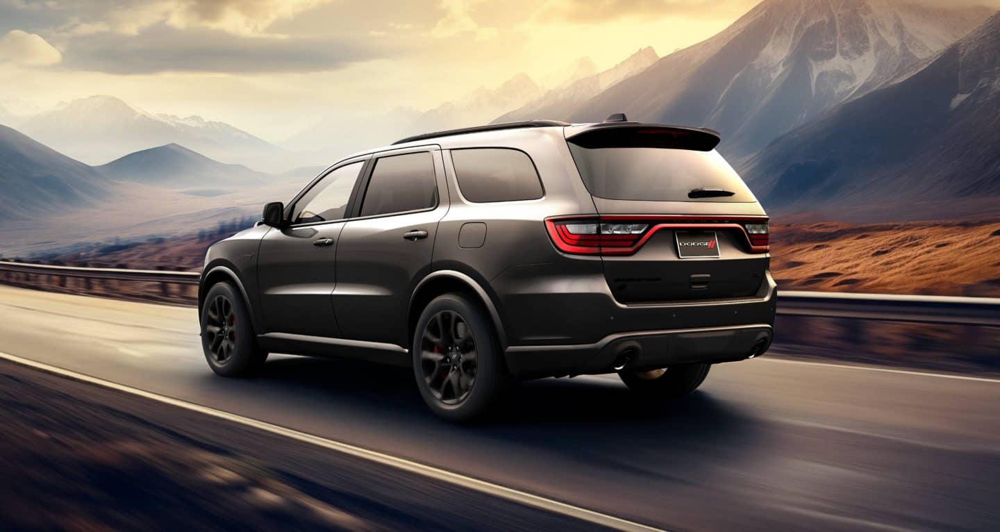 Display The rear of a dark gray 2026 Dodge Durango R/T 392 traveling down a highway at sunset.
