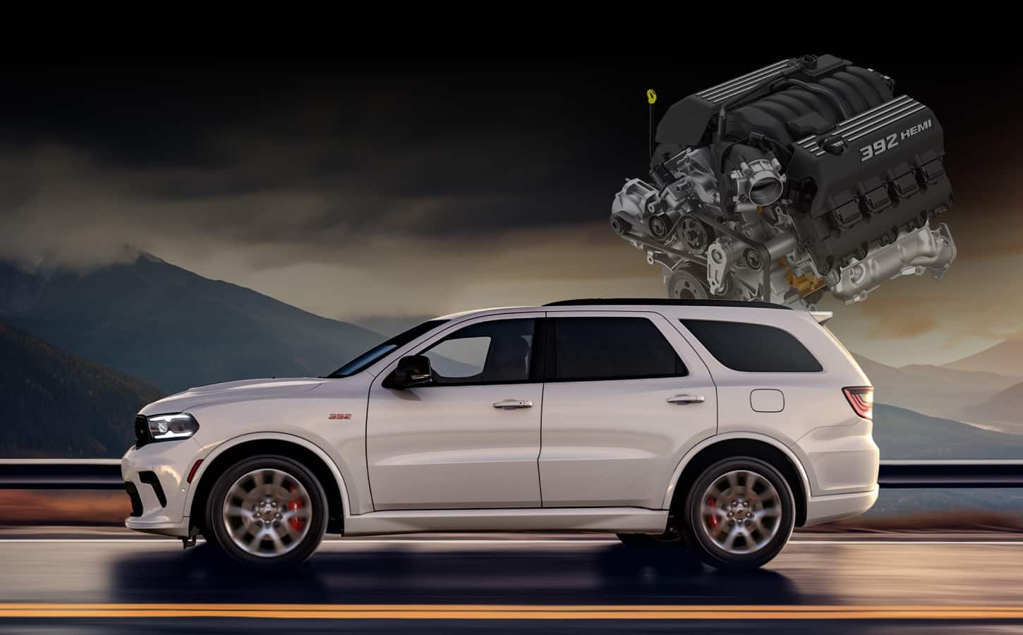 A white 2026 Dodge Durango R/T 392 driver-side profile and a 6.3-liter Hemi V8 engine.