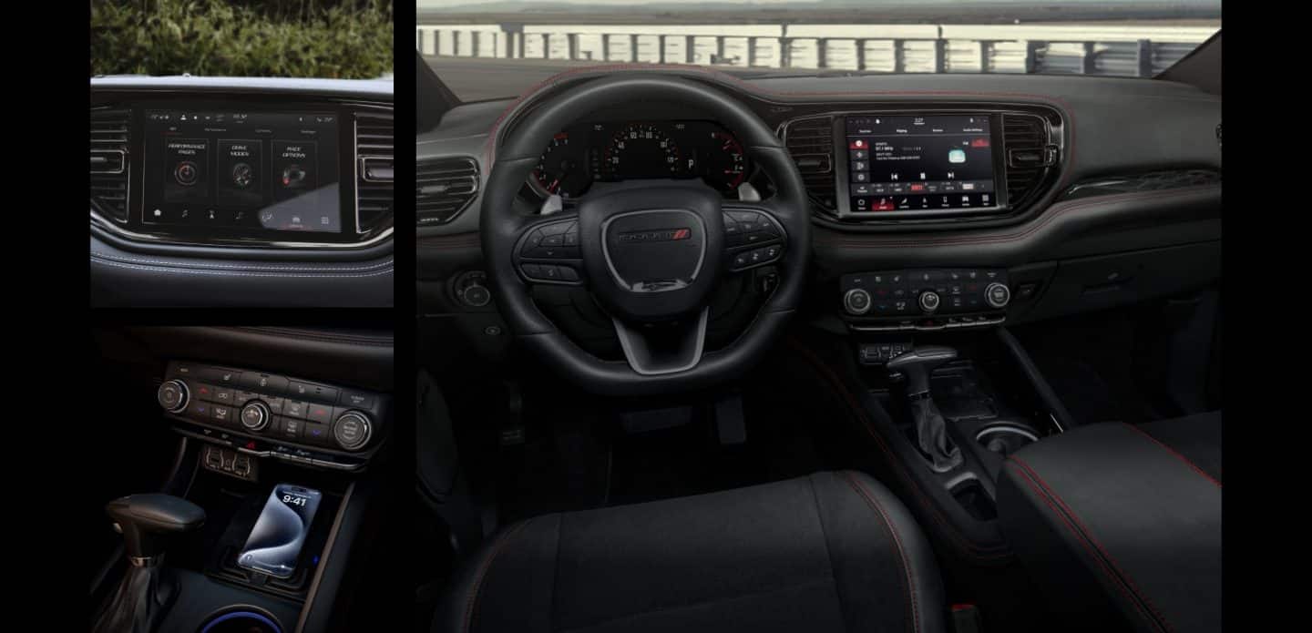 A set of 3 2026 Dodge Durango interior images: the Uconnect touchscreen, the steering wheel, Digital Cluster Display, front seats and wireless charging pad.