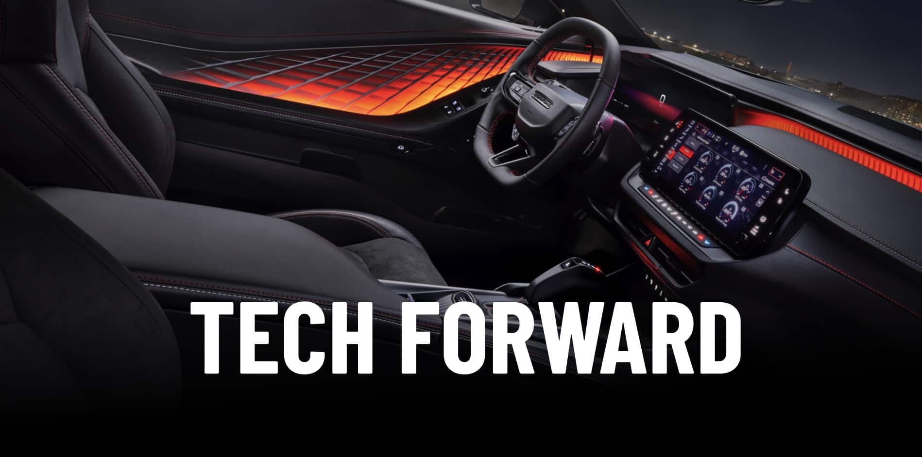 The front row of the 2027 Dodge Charger Scat Pack with the door panels and dash illuminated in a vivid orange-red light with a dimensional textured pattern. Tech Forward.