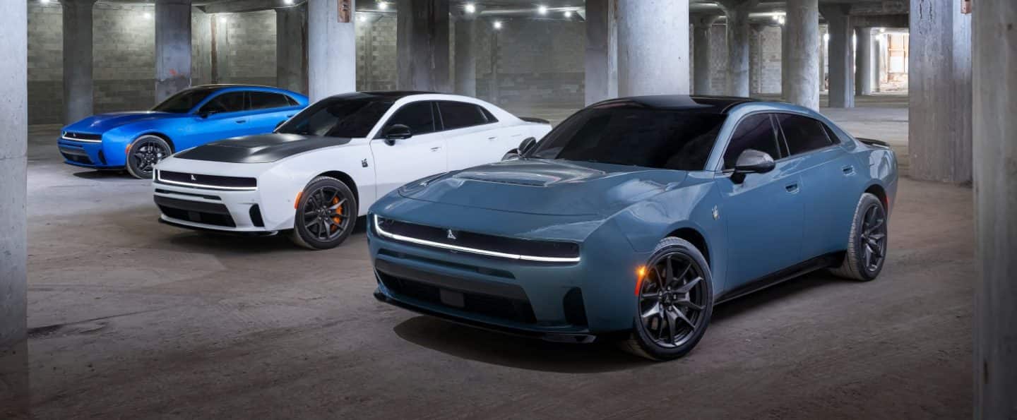 Lineup of 3 2027 Dodge Charger vehicles