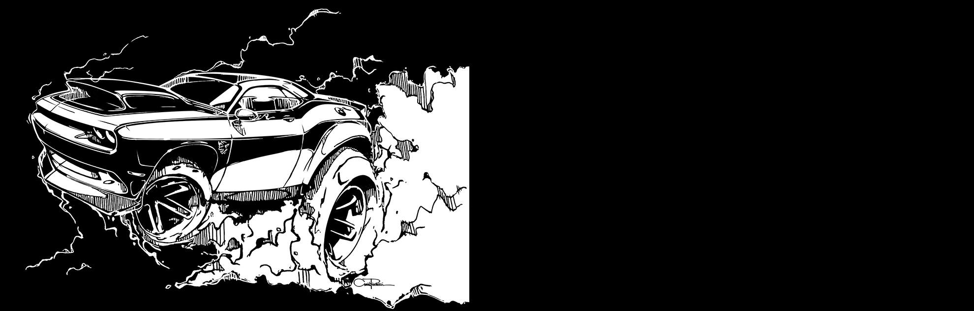 A black and white cartoon of a Dodge Challenger burning out.