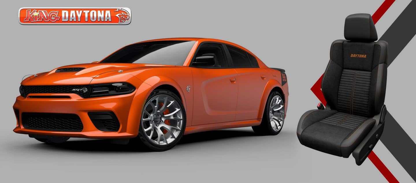 King Daytona. A three-quarter profile view of the exterior of the 2023 Dodge Charger King Daytona Special Edition with one of the seats superimposed beside it to show off the detailing inside.