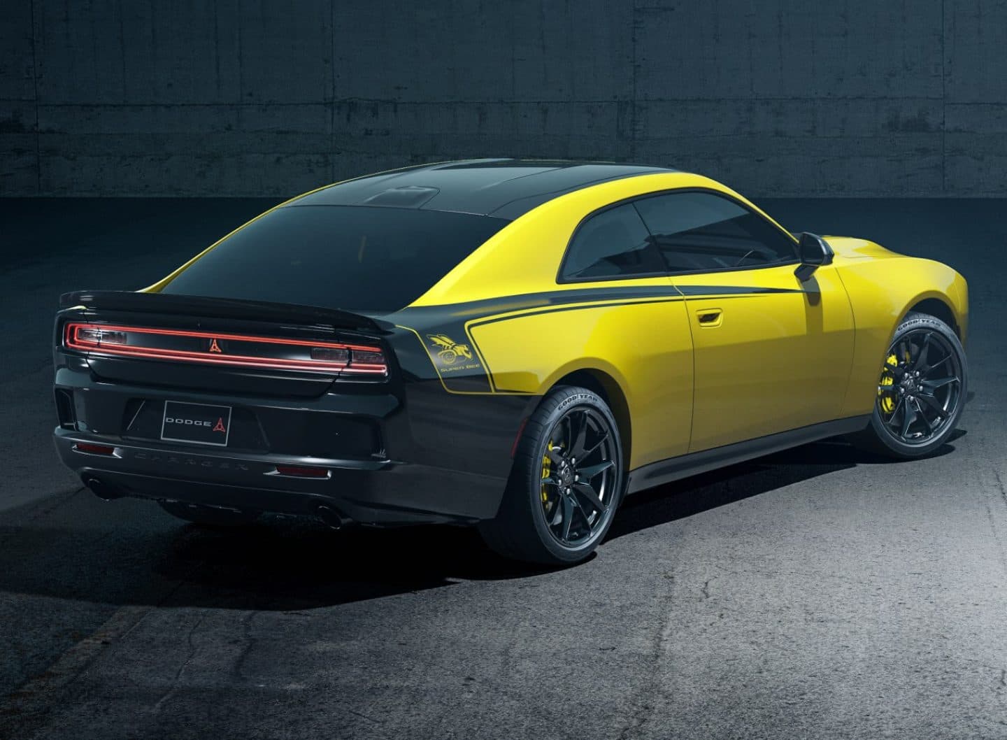 Yellow 2027 Dodge Charger Super Bee 2-door with black graphics, rear three-quarter view