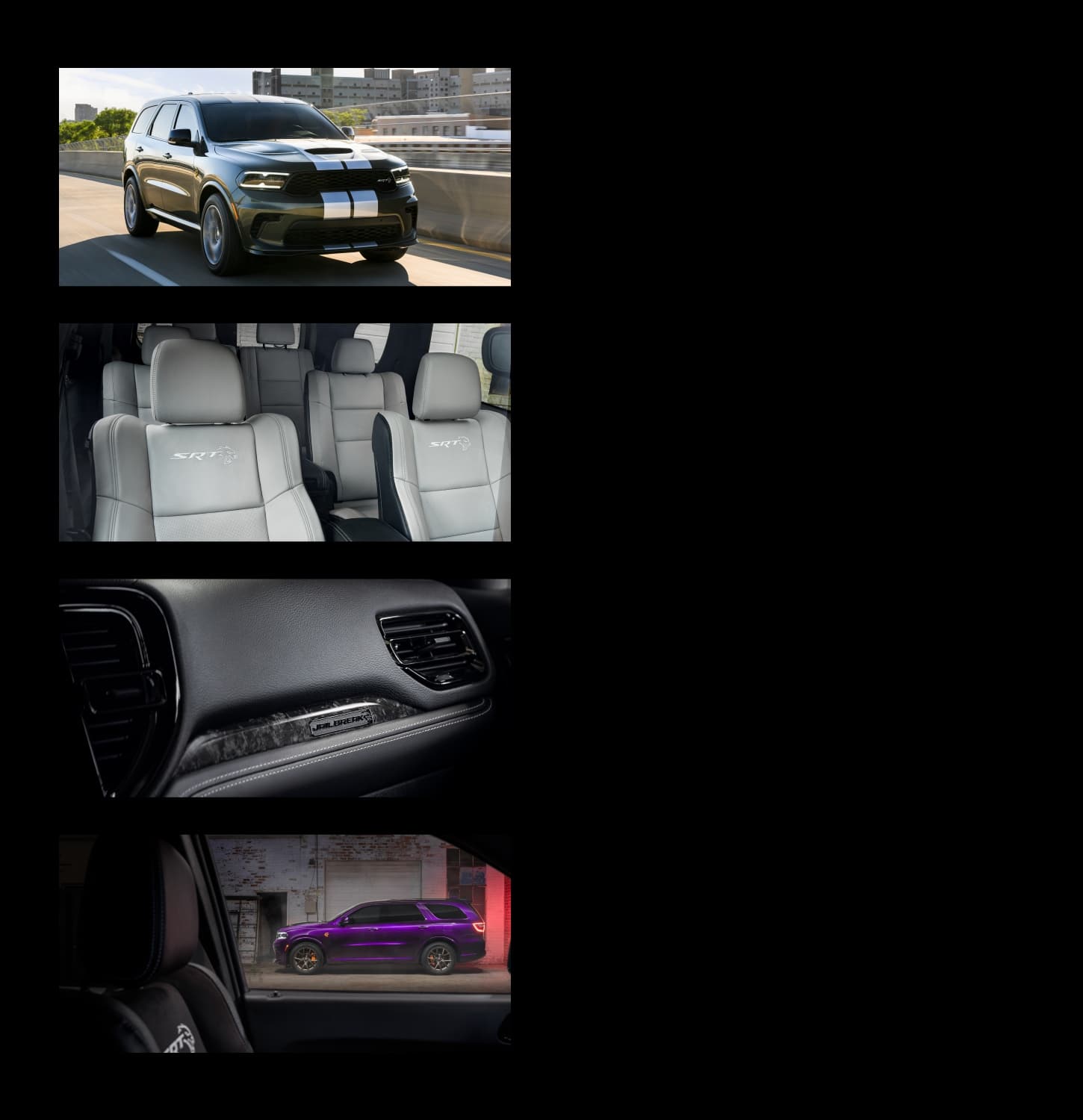 A combination of four 2026 Dodge Durango SRT Hellcat Jailbreak images: a green model with white dual center stripes, the three rows of seats with SRT embroidered on the front seats, the dash and interior Jailbreak badge and a driver-side profile of a purple model with black painted hood.