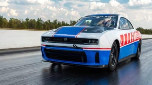 A blue 2027 Dodge Charger Scat Pack.