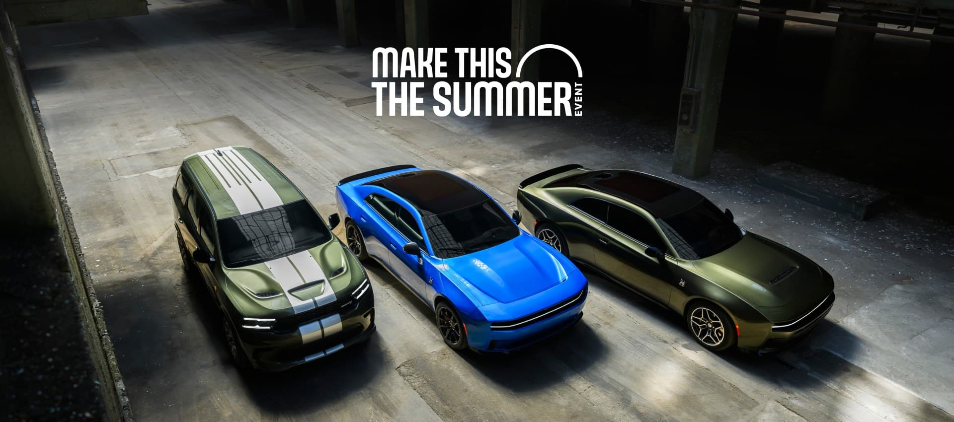 From left to right a green Durango SRT Hellcat with dual white center stripes, a blue Charger Daytona Scat Pack and a green Charger Scat Pack. Make This The Summer Sales Event.