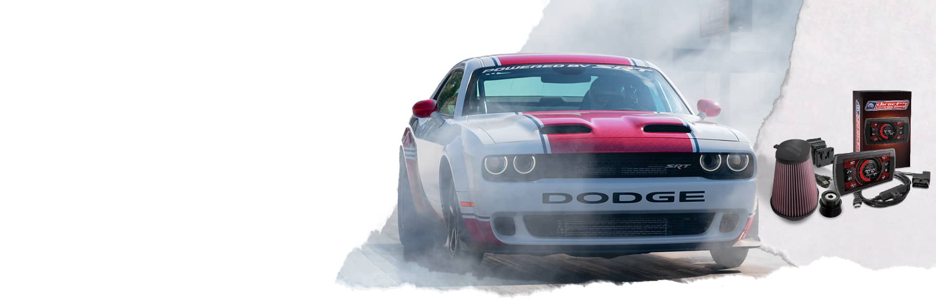 The Dodge Challenger SRT Hellcat with Mopar Drag Pak. The components of the Direct Connection engine tuner kit.