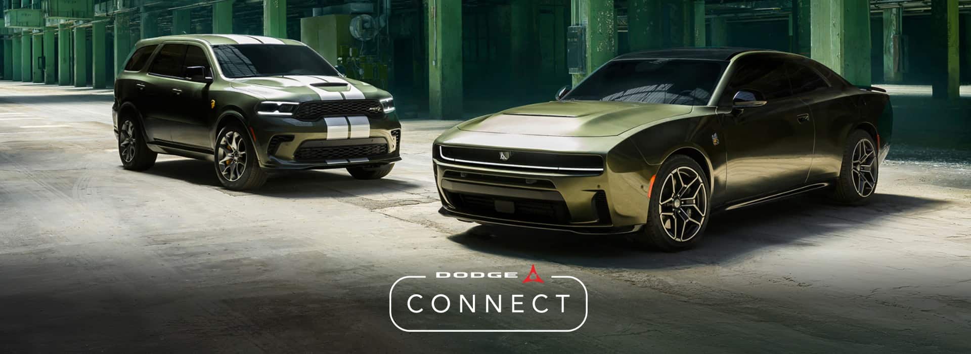 A 2026 Dodge Durango SRT Hellcat with dual white center stripes and a 2026 Dodge Charger Daytona parked perpendicular to each other in an industrial complex. The Dodge Connect logo.